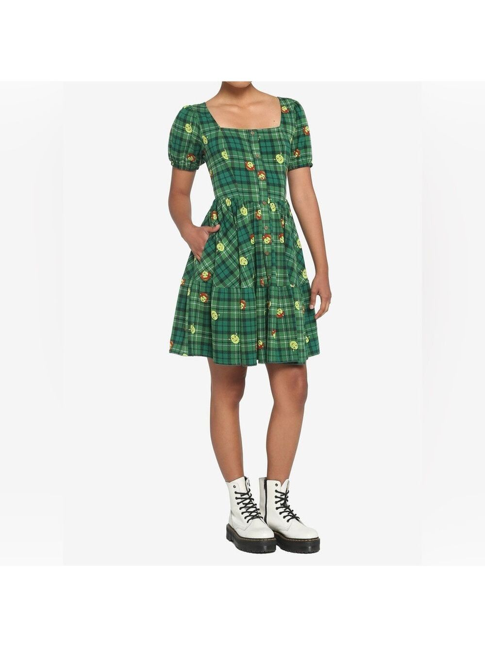 Shrek and  Fiona Green Plaid Tiered Skater Dress - Size XS